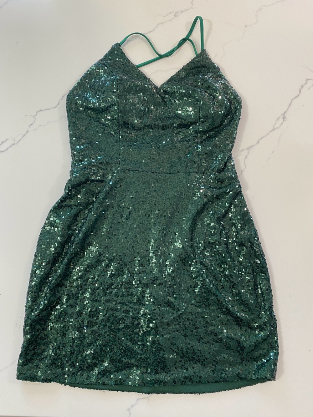 Emerald Green Sequin Mini Dress V-Neck Strappy Premium Lined - Size S (No Tags)